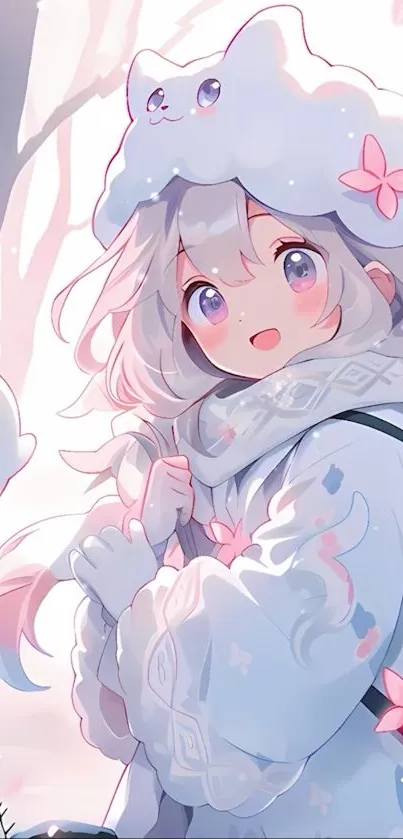 Cute anime character in winter attire with snow-themed décor.