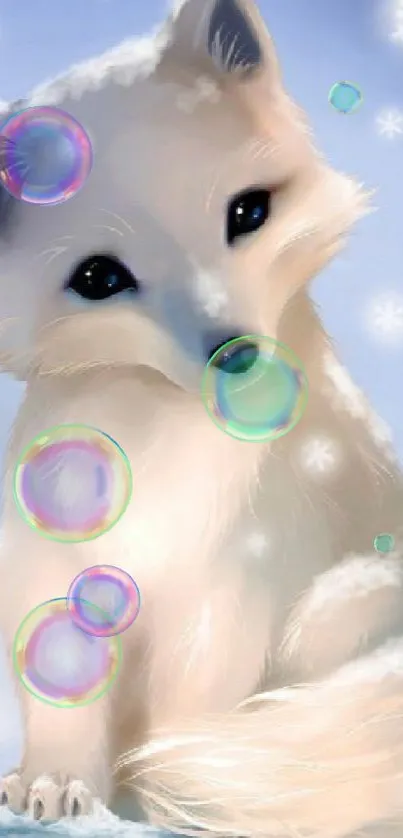 Cute arctic fox in snow with soft blue background.