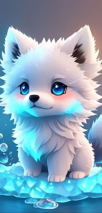 Cute arctic fox sitting on icy terrain with droplets.