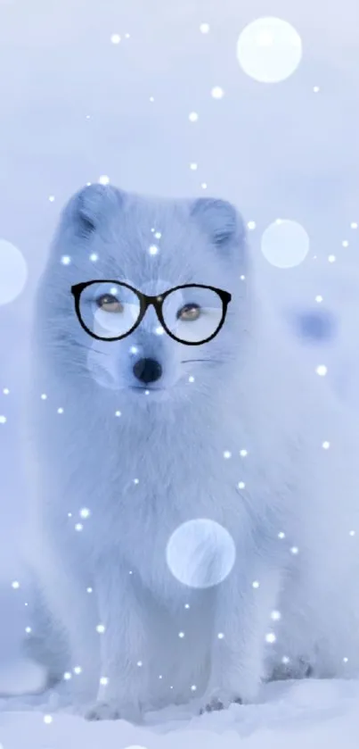 Playful arctic fox with glasses in snowy landscape.