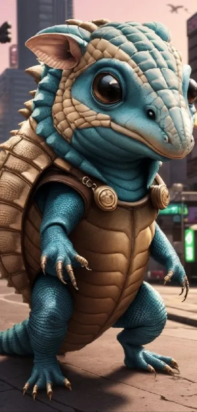 Cute armored lizard in vibrant urban setting with city backdrop.