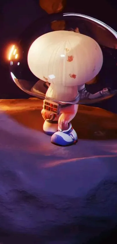 Cute astronaut standing on a planet under a starry sky.