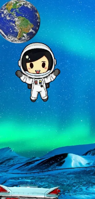 Cartoon astronaut floats with Earth and aurora sky.