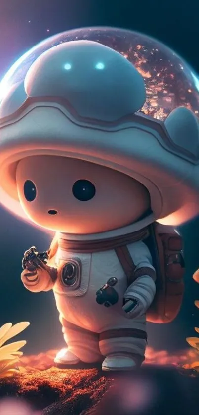 Charming astronaut with mushrooms in space