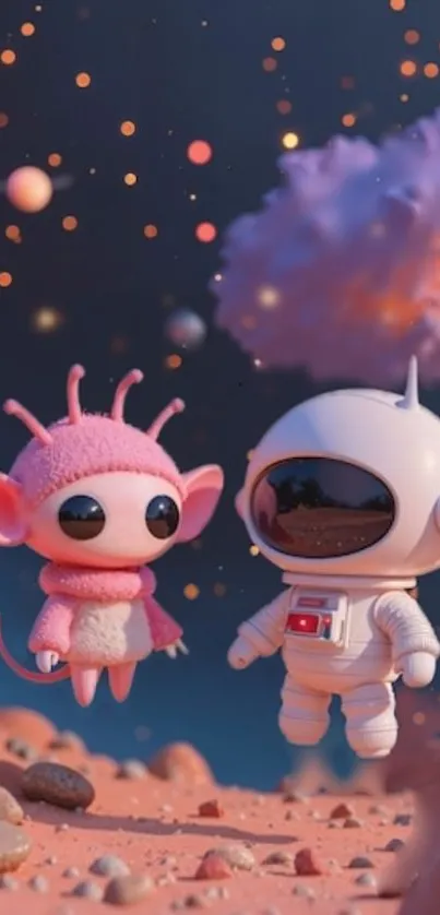 Cute astronaut and alien floating in a dreamy cosmic scene.