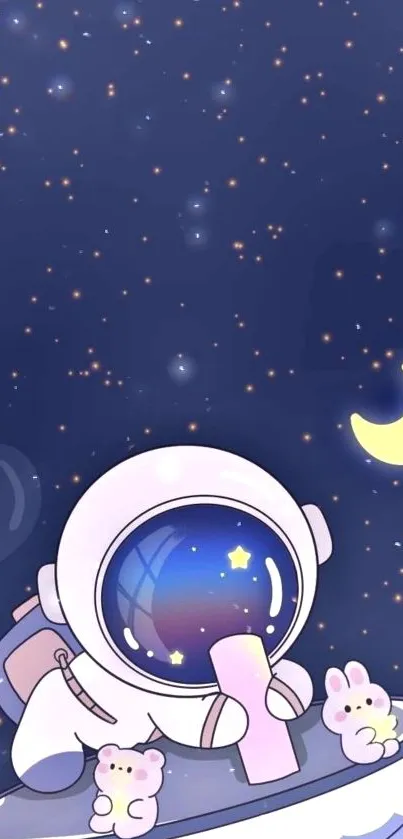 Cute astronaut with bunnies under a starry night sky with a crescent moon.