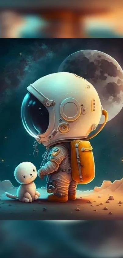 Cartoon astronaut and pet under moonlight.