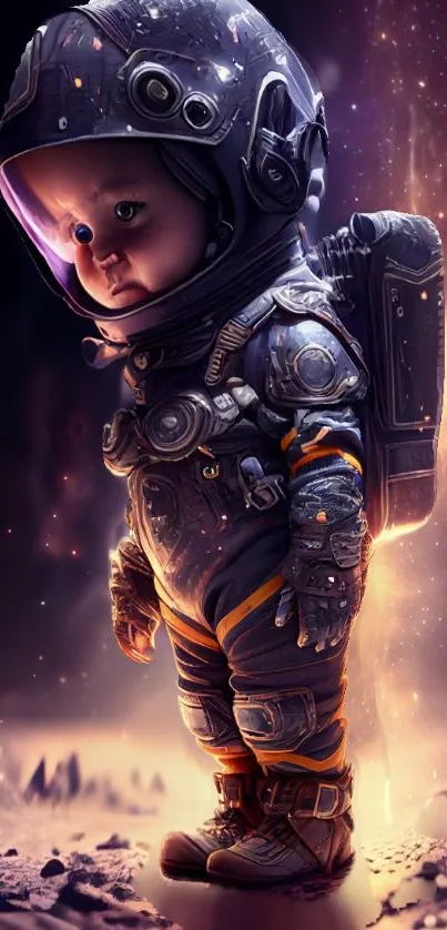 Adorable baby astronaut in a cosmic setting with glowing space gear.