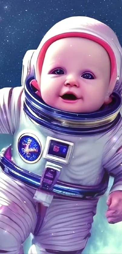 Adorable baby in astronaut suit floating in space.