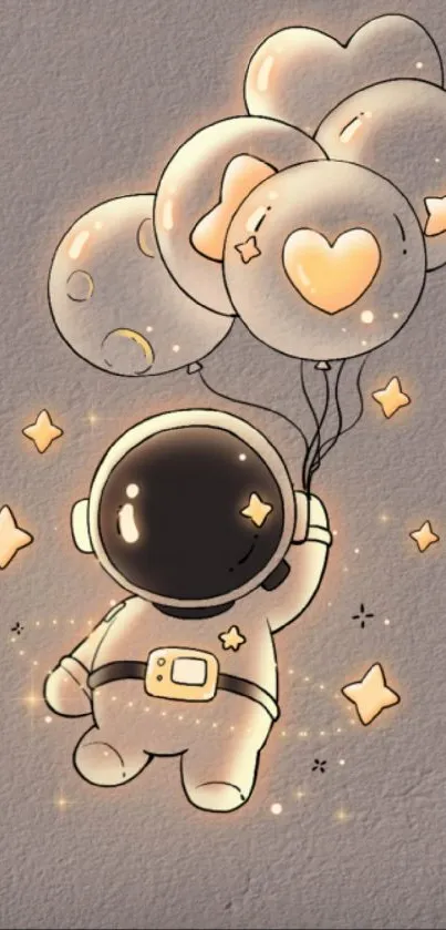 Cute astronaut floating with heart balloons on soft gray background.