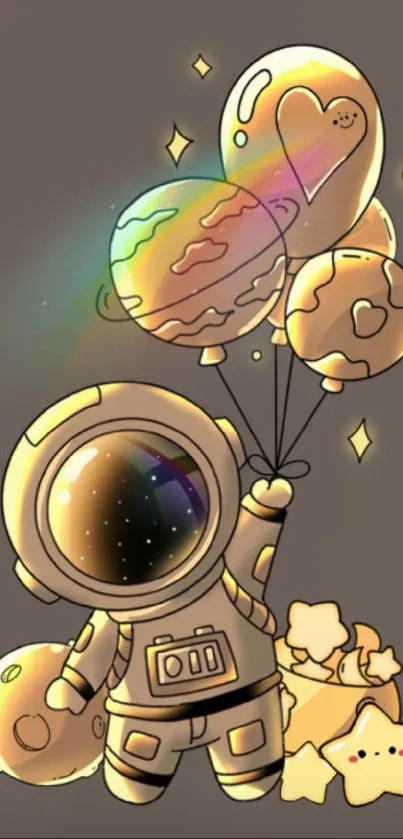 Cute astronaut floating with planet balloons.