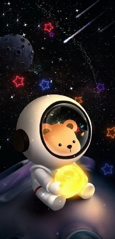 Cute bear astronaut with glowing orb in space.