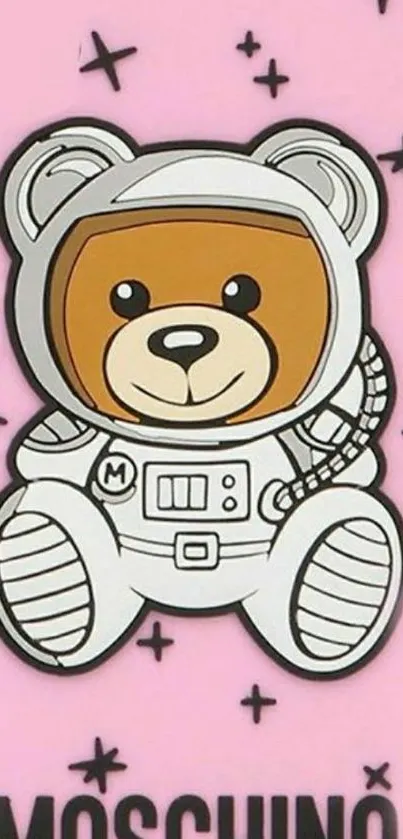 Cute cartoon astronaut bear on pink background.