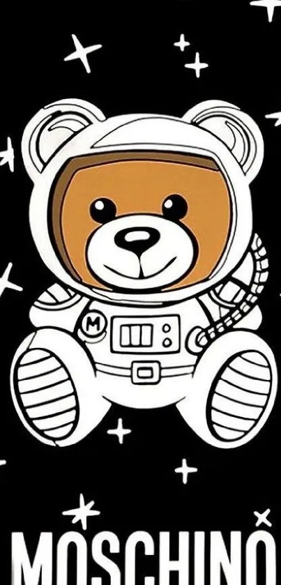 Cute astronaut bear with black background and stars.