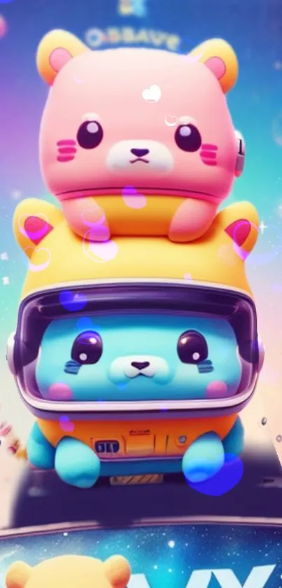 Cute astronaut bear mobile wallpaper with vibrant and colorful gradient background.