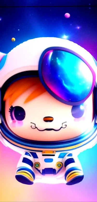 Cute cartoon astronaut on colorful space background.