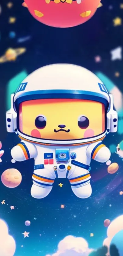 Cute cartoon astronaut floating in space with vibrant planets and stars.