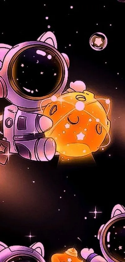 Cute astronaut cat in space-themed wallpaper.