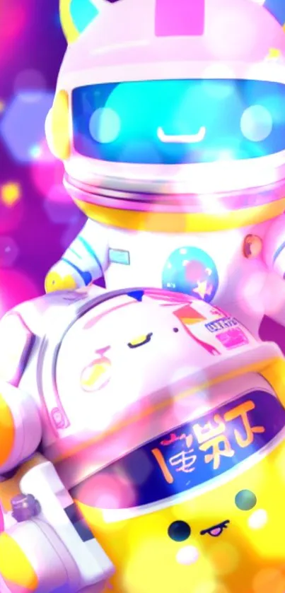 Cute astronaut characters with a colorful cosmic background.