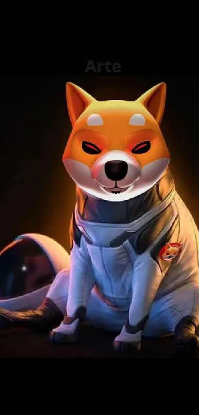 Cute astronaut Shiba Inu dog in space suit with orange glow.