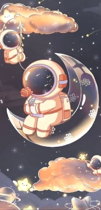 Cute astronaut on moon with stars and clouds in a dreamscape design.