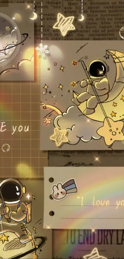 Cute astronaut on moon with stars and rainbow in dreamy wallpaper.