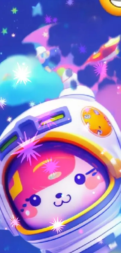 Cute astronaut in colorful space scene with stars for mobile wallpaper.