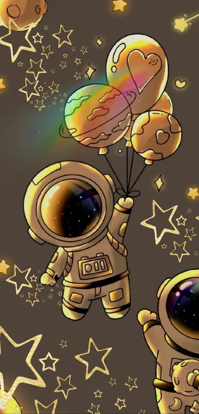 Cartoon astronaut holds colorful balloons in starry galaxy design.