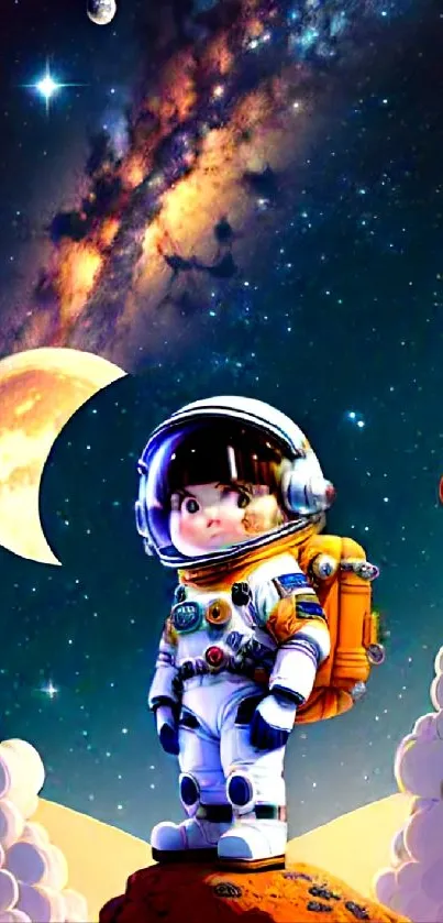 Charming cartoon astronaut on rocky planet under galaxy sky.