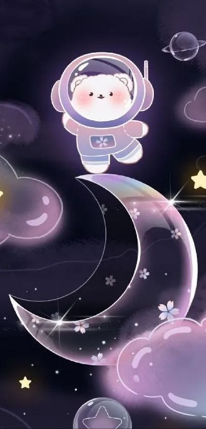 Cute astronaut on crescent moon in a starry purple galaxy mobile wallpaper.