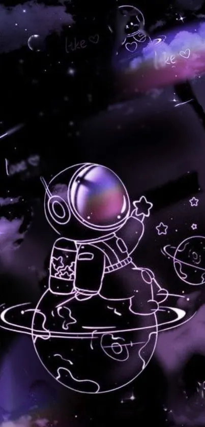 Cute astronaut floating in purple galaxy wallpaper.