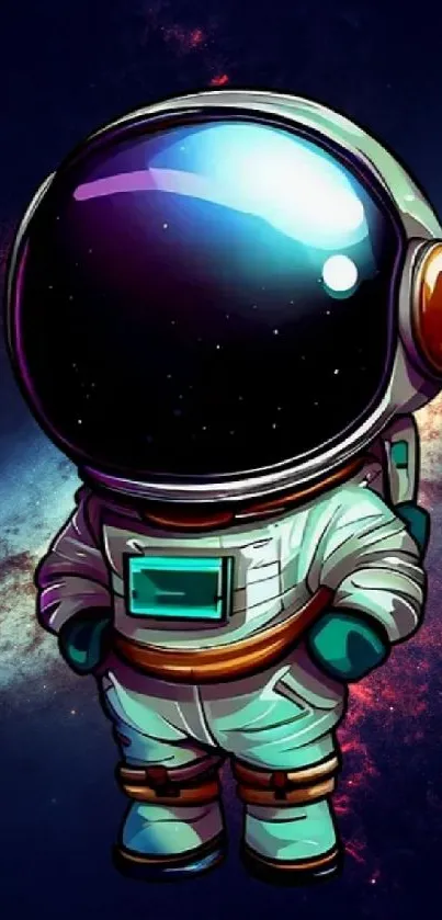 Cartoon astronaut floating in a colorful galaxy background.