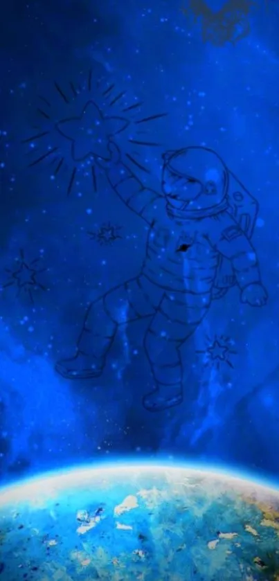 Cute astronaut reaching a star in blue space with Earth below.