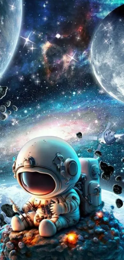 Cute astronaut sitting in vibrant outer space with planets and stars.