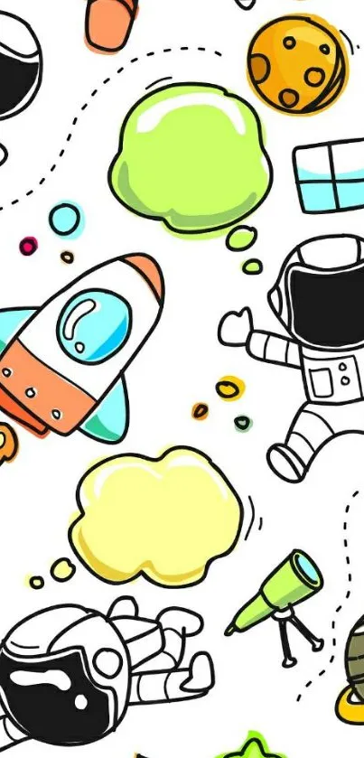 Cute astronaut and space-themed cartoon wallpaper with colorful illustrations.