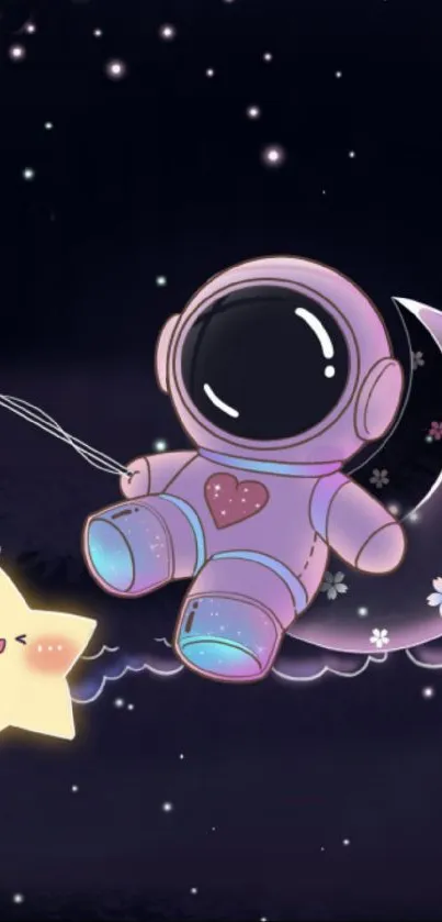 Cute astronaut floating with a star in a dark starry night sky wallpaper.