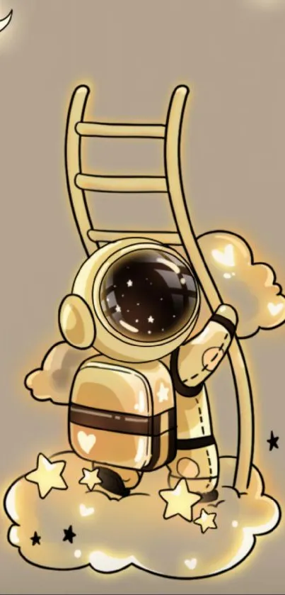 Cute astronaut climbing ladder with stars in a pastel universe.