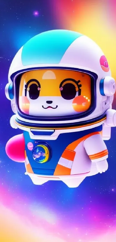 Cute astronaut in a colorful cosmic background wallpaper.