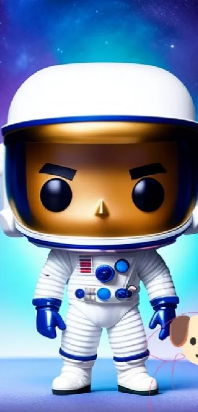 Cute astronaut figure in galaxy background.