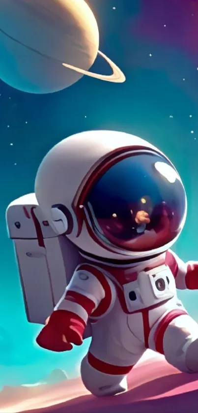 Cute astronaut in space with planets, perfect for a mobile wallpaper.