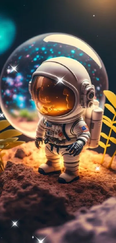 Adorable astronaut on an alien planet with vibrant colors and cosmic background.