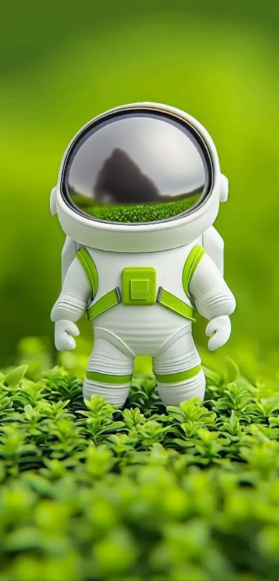 Miniature astronaut standing on vivid green leaves.