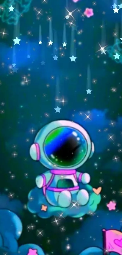 Cute astronaut floating in starry night sky wallpaper.