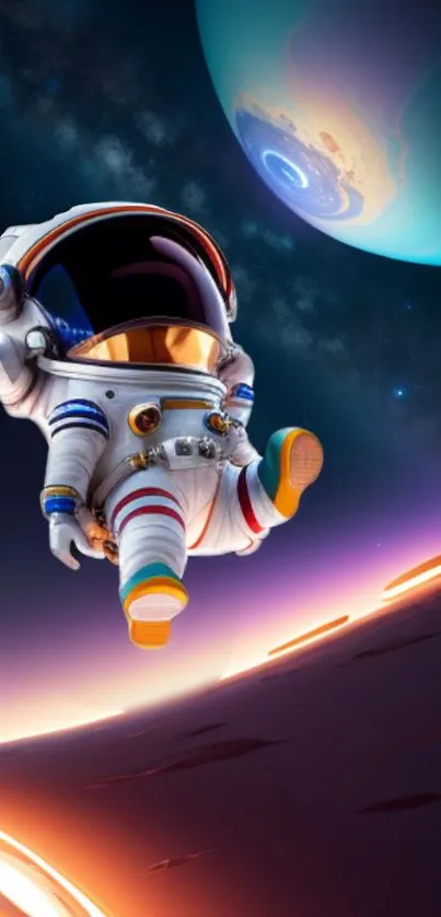 Cartoon astronaut exploring a colorful planet in space.