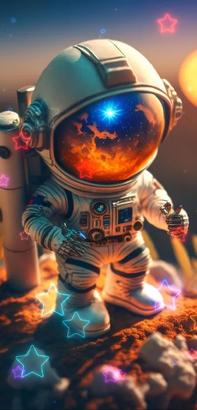 Cute astronaut on a vibrant cosmic adventure with orange hues and stellar background.