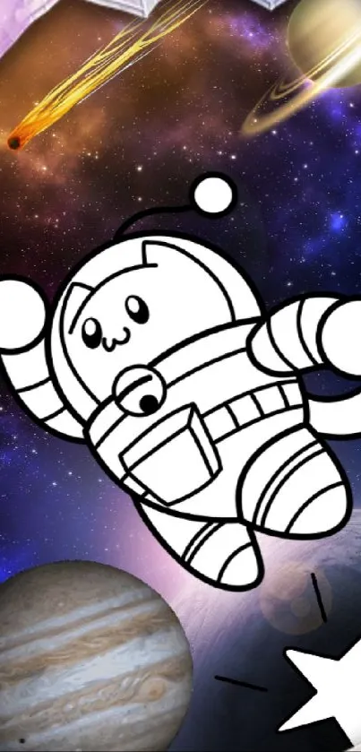 Whimsical astronaut floating in space with planets and stars in the background.