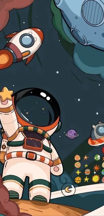 Whimsical astronaut in space with rockets and planets, offering a playful scene.