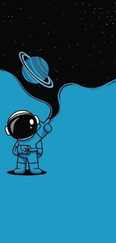 Cartoon astronaut painting Saturn on sky blue background.