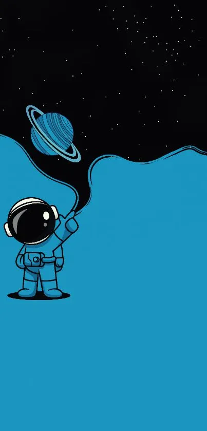 Cute astronaut illustration with a planetary theme on a blue background.