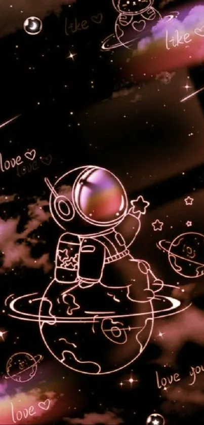 Cute astronaut wallpaper with cosmic theme and dreamy planets.